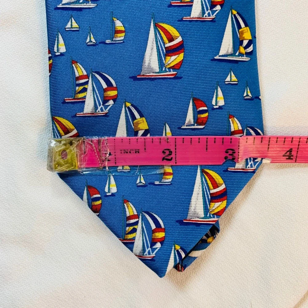 Serry's Blue Silk Necktie Sailboat Pattern Nautical Menswear Fashion Tie Hanover